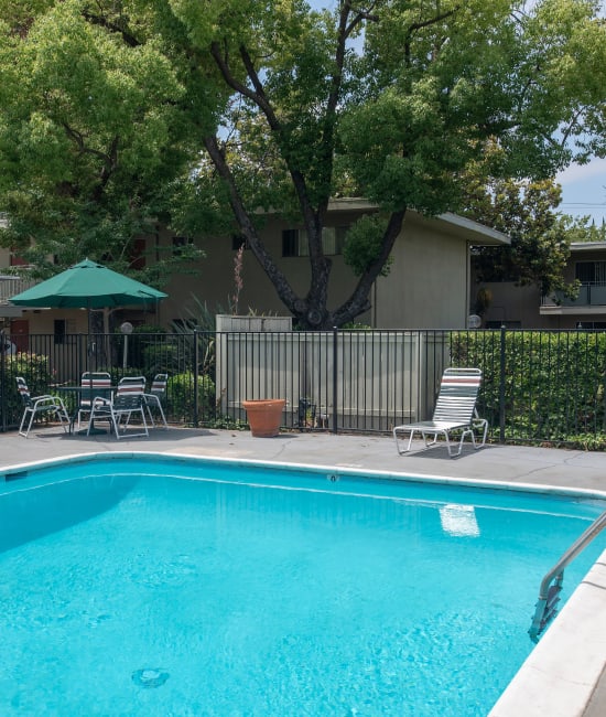 Swimming pool area at Country Club Gardens in Sacramento, California
