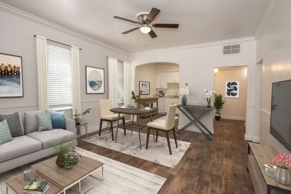 Living room and dining area at Clarendon House in Sacramento, California