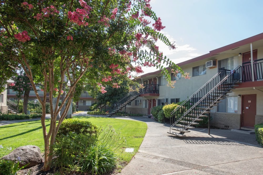 Building and landscaping at Corabel Lane Apartments in Sacramento, California