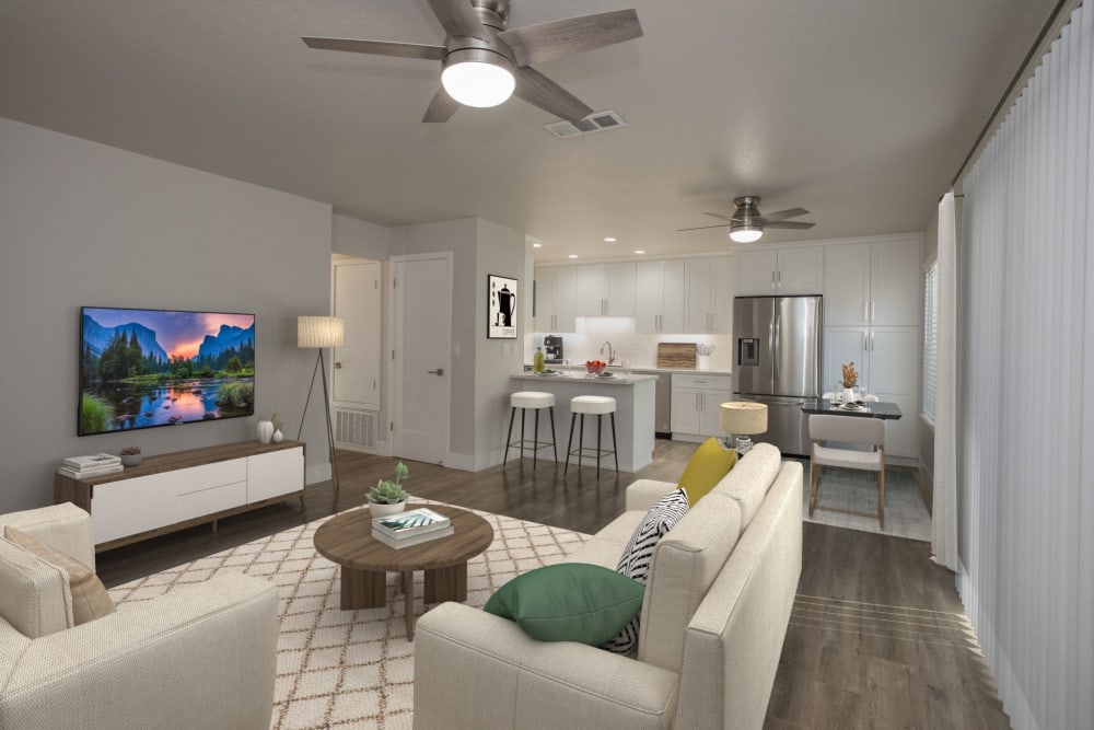 Living room and kitchen area at Meritage Apartments in Lodi, California